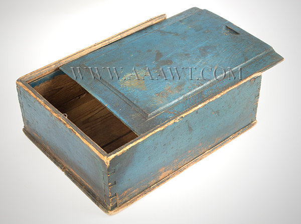 Box, Candle Box Slide Lid, Molded and Carved, Original Blue Paint, Pegged
New England or Pennsylvania, Circa 1800 to 1825, entire view